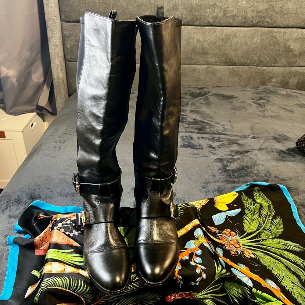 Womens Vince Camuto Leather Harness Stretch Flat‎ Riding Boots Black 8.5 38.5